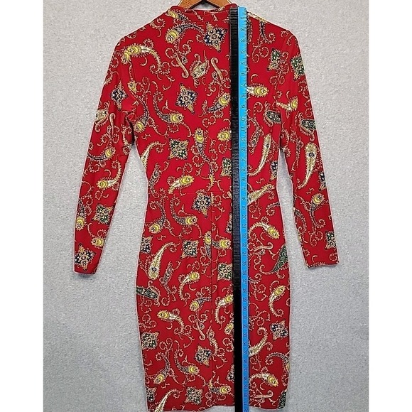 LAUREN RALPH LAUREN Paisley Pleated Surplice Faux Wrap Jersey Dress 6 Red Blue - Picture 9 of 12